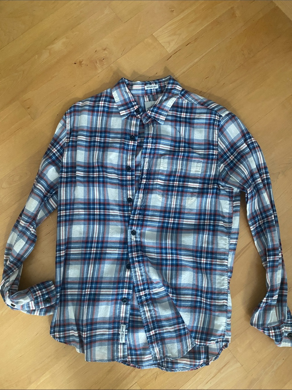 American Eagle Outfitters Blue, White & Red Plaid Button-Down Shirt